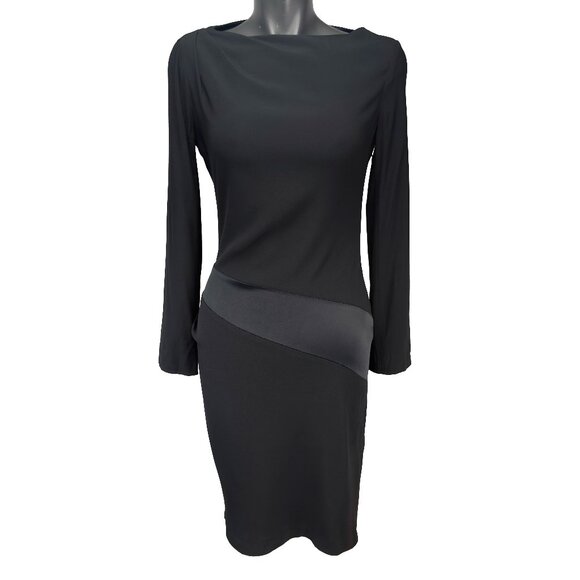 VANESSA BRUNO Draped Sheath Satin Band Long Sleeve Boat Neck Black Midi Dress 38 - Picture 2 of 11